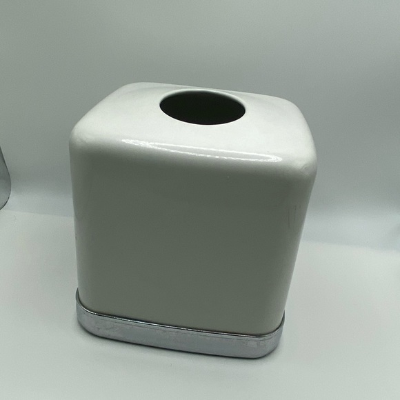 White Enamel and Silver Trim Tissue Box Cover modern clean lines - Picture 3 of 5